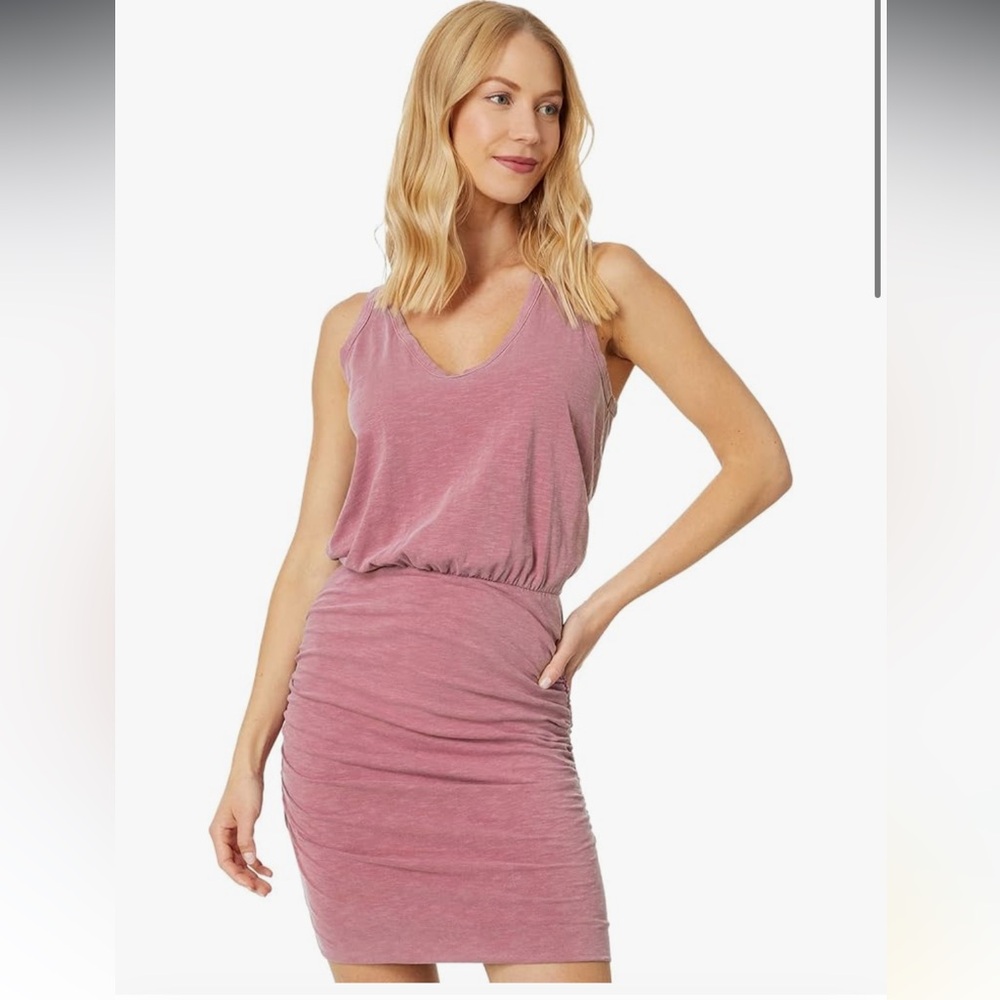 SUNDRY PETAL PINK RUCHED U—NECK SLEEVELESS COTTON DRESS POWDER PINK PASTEL DRESS